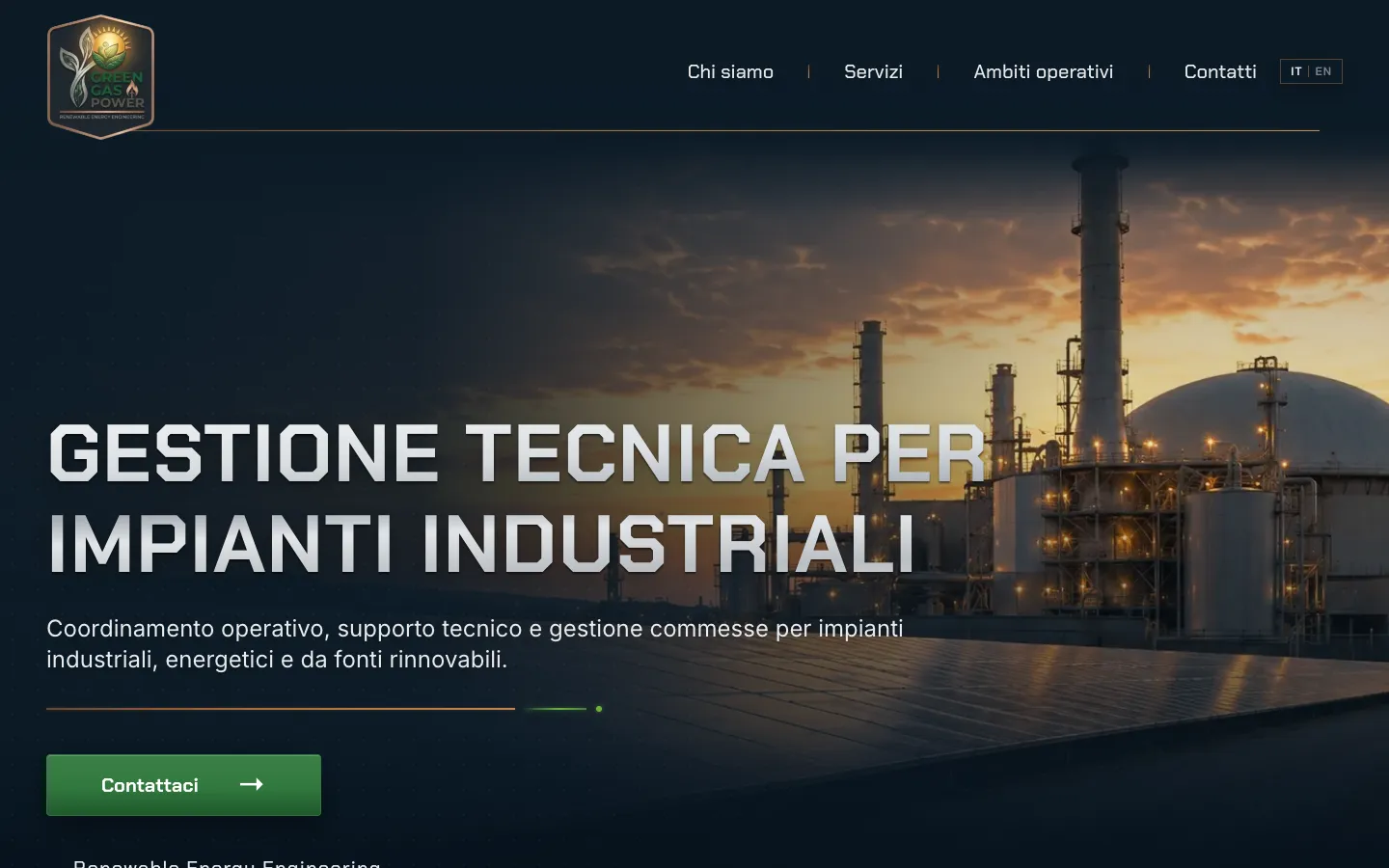 Homepage Green Gas Power con il titolo Gestione tecnica per impianti industriali e l'impianto al tramonto.